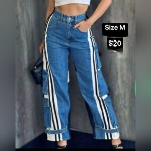 Trendy Blue Flare Jeans with Stripes